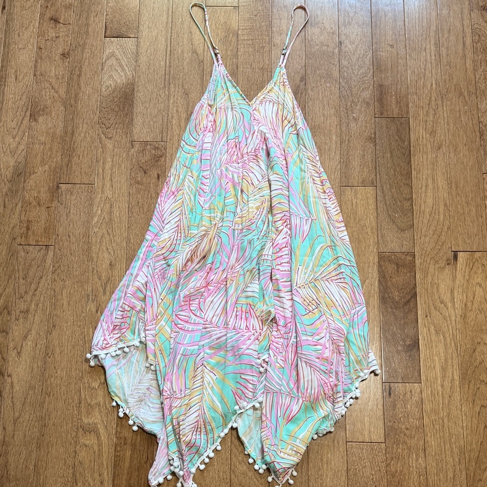 L- Women’s Pastel Palm Print Midi Dress with Pom Trim